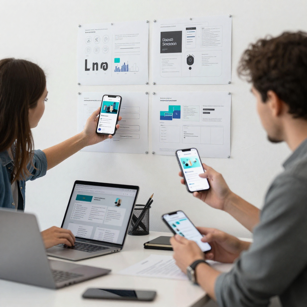 Development team collaborating on mobile app project in modern workspace